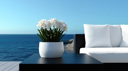 Coastal outdoor living area with white flowers