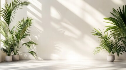 Obraz premium Empty sunlit room with tropical plants and shadows.