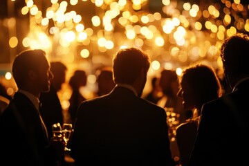 Networking and socializing among business professionals during an evening event with sparkling lights, Business people networking at an evening event with golden lighting Business concept