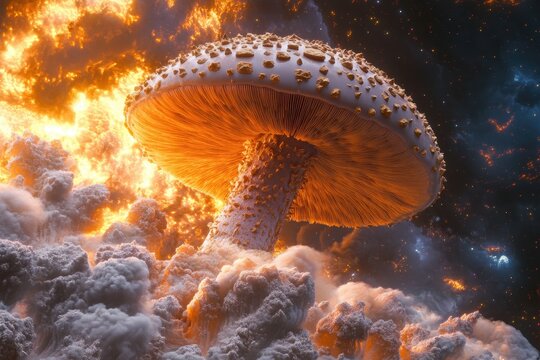 Mushroom cloud reminiscent of Amanita muscaria in a cosmic explosion displaying vibrant colors, Amanita muscaria mushroom spore cloud space probe, ai generated, vertical