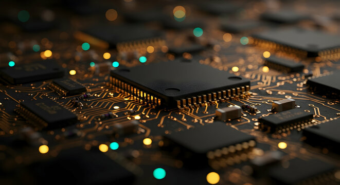 Close up of a computer circuit board with glowing components advanced technology and innovation
