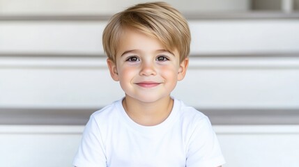 Young Boy White Shirt Natural Lighting High Resolution Portrait Close-up View Soft Hair, Happy Expression White Steps Background Warm Neutral Tones Ideal for Child Modeling
