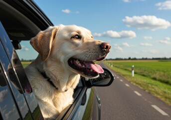 Happy Labrador Retriever enjoying a ride with his head out of the car window