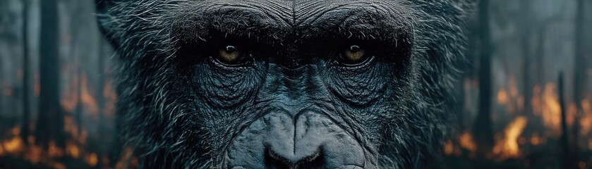Obraz premium Double exposure bonobo with burning jungle in wild nature concept. Close-up of a gorilla gazing intensely in a forest setting.