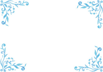 Frame. In each corner of the background there are patterns consisting of curls, leaves, circles. Different shades of light blue. Drawing with colored pencils. White copy space. Invitation, postcard.