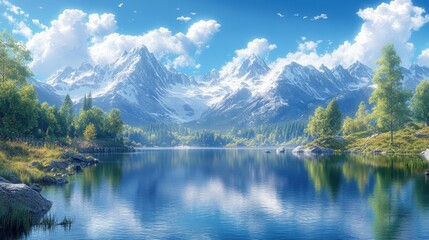 Fototapeta premium Serene mountain landscape with a clear lake reflecting the sky and trees