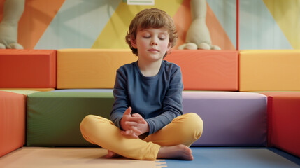Young child with autism sitting calmly on textured sensory mat surrounded by soft foam blocks in muted colors, focused expression. Autism awareness, sensory play and learning, inclusive education conc