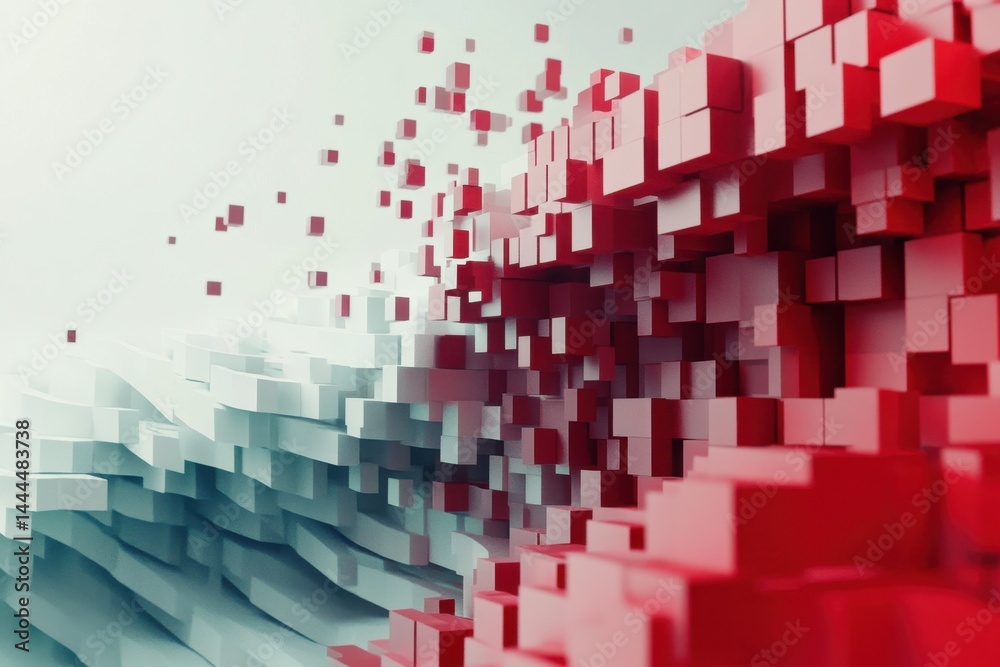 Poster cubes create a dynamic wave with abstract motion in red and light colors, cubes form a wave abstract