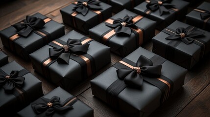 Fototapeta premium Luxurious dark gifts on wooden surface