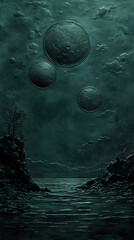 Fototapeta premium Dark serene scene of cliff sides next to water under an eerie sky with floating planet-like spheres