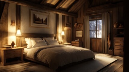 Rustic cabin bedroom interior at twilight.