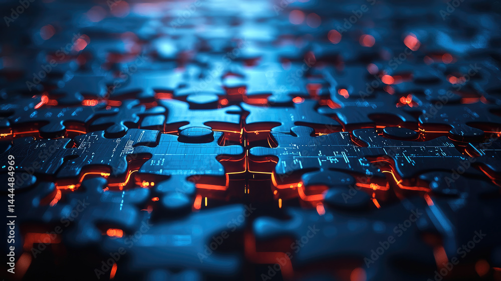 Aufkleber futuristic puzzle pieces with glowing orange and blue lights, symbolizing technology, innovation, an