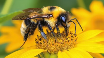 A close-up of a bee gathering nectar from a bright yellow sunflower, with pollen visible on its legs
