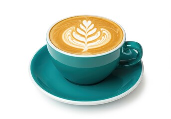 A teal cup of coffee with latte art on a matching saucer against a white background in a studio shot