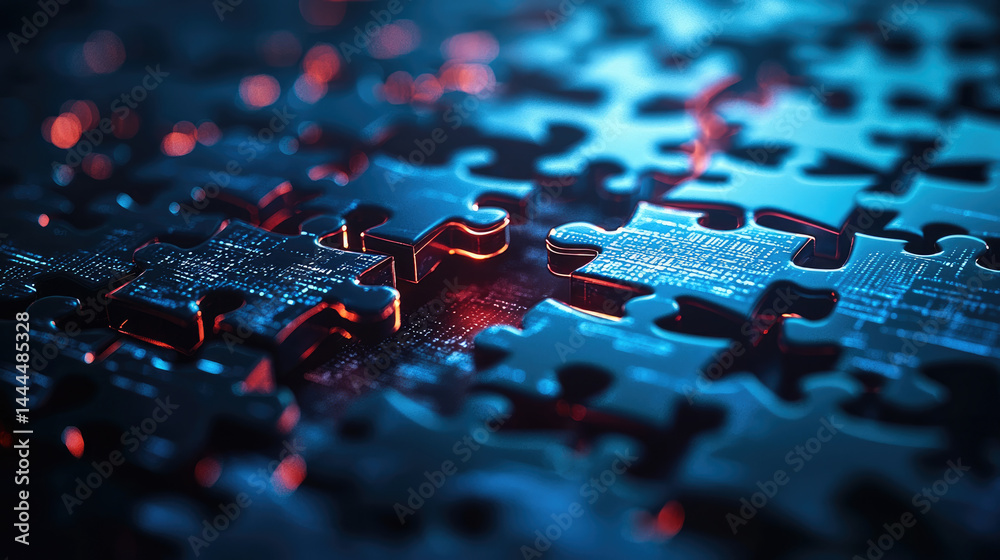 Poster close up of glowing digital puzzle pieces fitting together, symbolizing technology, connection, and 