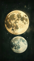 Two celestial spheres in a dark sky one gold and one blue dotted with stars