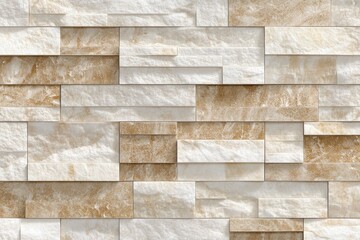 Obraz premium Beige and white stone wall tiles in a stacked pattern Rectangular and uneven shaped pieces create a natural stone effect