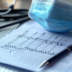 ECG report with a used face mask pen showing healthcare detail in soft light close up view
