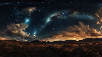 Landscape View Of Dark Night Sky, Stars, Clouds, Mountain And Brown Grassy Field