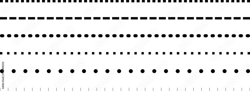 Wall mural set of dashed straight lines of different styles. vector design elements. dashed border divider.