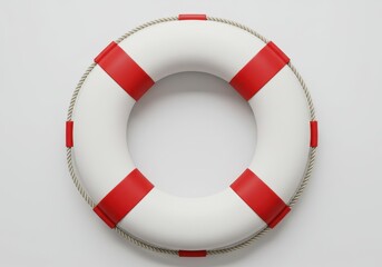 A life preserver with red stripes and a rope border on a plain white background in a studio shot
