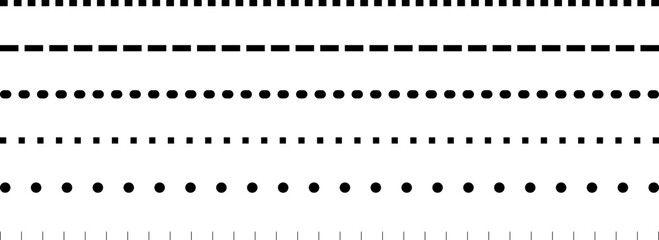 Set of dashed straight lines of different styles. Vector design elements. Dashed border divider. 