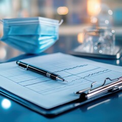 Medical data analysis report pen on clipboard blue mask in background cool blue tones professional setting