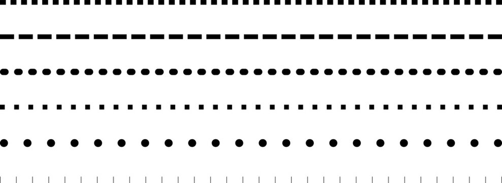 Set of dashed straight lines of different styles. Vector design elements. Dashed border divider. 