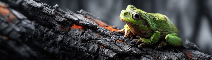Obraz premium Endangered species lost amid fire and deforestation concept. A vibrant green frog perched on a charred log in a forest.