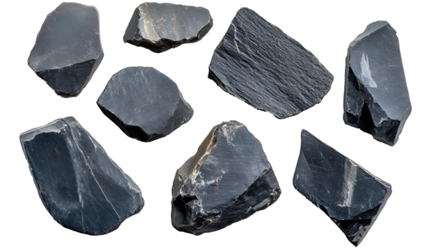Set of dark slate rocks isolated on white background PNG. GENERATIVE AI