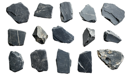 Set of dark slate rocks isolated on white background PNG. GENERATIVE AI