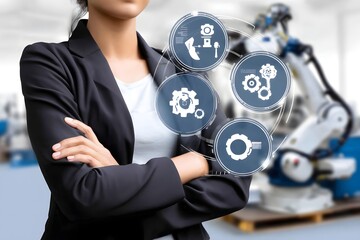 The silhouette of a manager is highlighted by a futuristic warehouse setting with automated machinery and digital interfaces, emphasizing technological advancements. The image provides ample