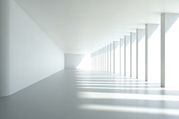 Fototapeta premium Empty, modern, bright hallway with pillars Sunlight streams through large windows, casting shadows on the floor Walls and floor are a light, neutral gray