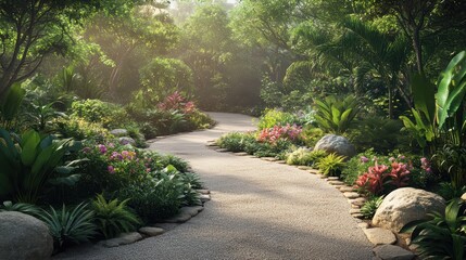 A peaceful botanical garden with winding pathways surrounded by lush greenery and flowers