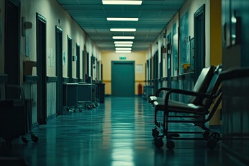 Empty hospital corridor, dim lighting, medical equipment  Two chairs are visible,  dark teal floor, doors, and walls