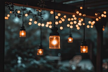 Warm outdoor lights hanging from a pergola, creating a cozy ambiance  Soft, warm light bulbs in glass containers, suspended by string lights  Blurred background of trees and dark teal tones