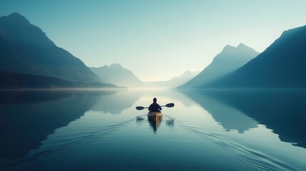 A kayaker paddling through calm waters on a peaceful lake, with mountains in the background