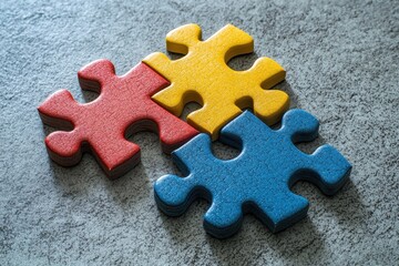 Fototapeta premium Colorful puzzle pieces connect on a smooth gray surface showcasing creativity and problem solving skills, Four colorful puzzle pieces joined together on gray surface
