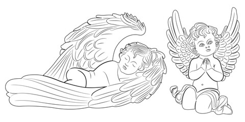 Sleeping and Praying Angel Babies – Line Art Vector of Cute Cherubs with Wings

