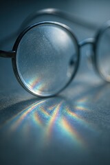 Round glasses reflecting rainbow patterns in soft light