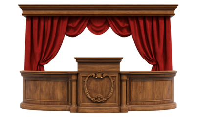Theater stage with red curtains and a wooden isolated on white background PNG. GENERATIVE AI