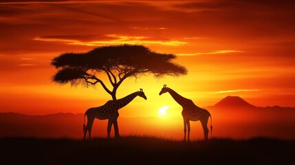Fototapeta na wymiar African Sunset: Giraffes Silhouetted Against a Fiery Sky