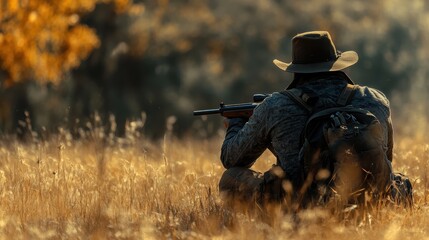 A hunter crouching low in a field, waiting patiently with a rifle in hand