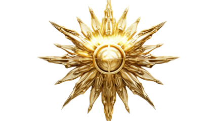 Golden sunburst emblem on black, cut out transparent