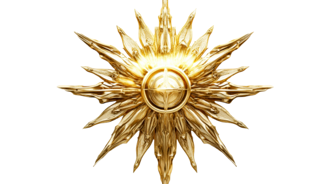 Golden sunburst emblem on black, cut out transparent