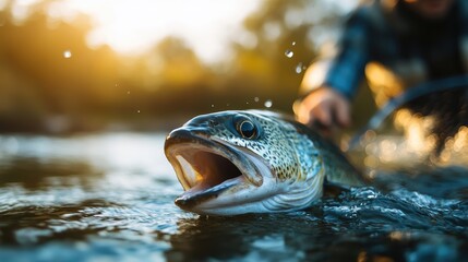 A fisherman reeling in a large fish from the water, with excitement and focus on their face
