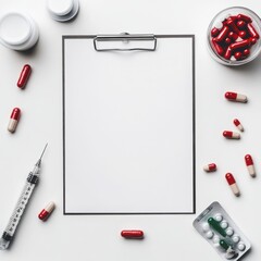 Blank medical prescription notepad surrounded by pills capsules and a syringe on a white background Clean
