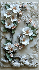 A serene floral relief sculpture featuring white blossoms  foliage against a textured neutral backdrop