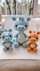 Three cute plush dinosaurs in varying blue and orange tones sit on a white surface near a fuzzy material