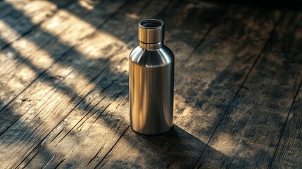 Stainless steel water bottle on rustic wooden table, sunlit.
